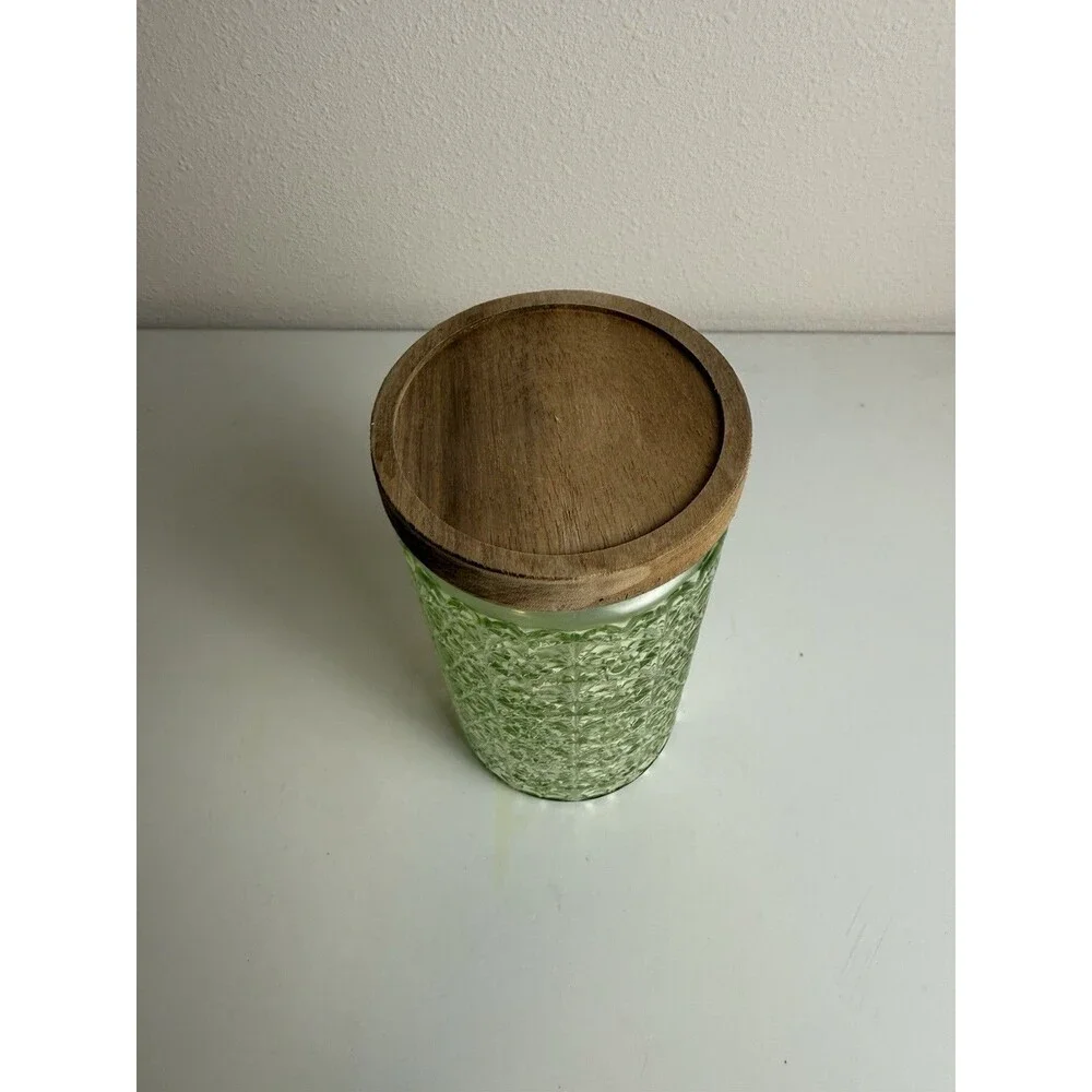 Vintage Sage Green Textured Glass Canister Jar with Wooden Lid Kitchen Decor